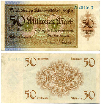 Эссен 50000000 марок (50 миллионов) 1923 8 августа 1923 - 31 декабря 1923, нотгельд, земля Северный Рейн-Вестфалия, НОМЕР ГОЛУБОЙ Keller 1429j бумага 2193-30-2-2