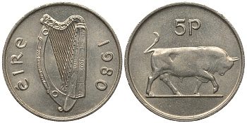 ИРЛАНДИЯ 5 ПЕНСОВ 1980 БЫК KM 22 медно-никель 51-537