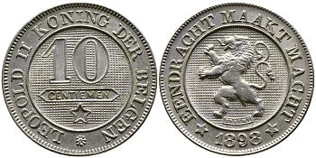 БЕЛЬГИЯ 10 САНТИМОВ 1898 BELGEN KM медно-никель UNC 87-817