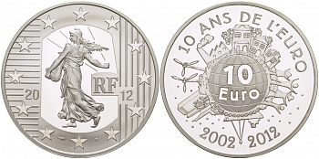 Франция 10 евро 2012 10 лет введения наличного евро KM 1889 серебро PROOF 05-124-13