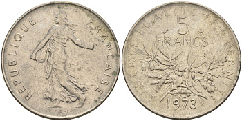 Франция 5 франков 1973 сеятель, тип Semeuse KM 926a.1, Le Franc 341.5 медно-никель плакированный никелем 4117-1213