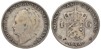 Нидерландское Кюрасао 1 гульден 1944 D, Вильгельмина (1890-1948) KM 45 серебро36-726