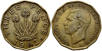 Великобритания 3 пенса 1942 Георг VI (1936-1952) KM 849, Spink 4112 никель латунь 4398-1146