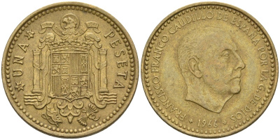 Испания 1 песета 1966 (73) Франсиско Франко (1939-1975) KM 796 алюминиевая бронза 4604-413