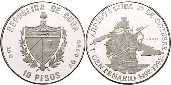 Куба 10 песо 1990 серия 500 лет открытия Америки (1492-1992), испанский парусник на фоне карты кубы. KM 252.1 серебро PROOF 05-086-22