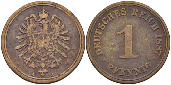 ГЕРМАНИЯ 1 ПФЕННИГ 1887 A, СТАРОГЕРБОВКА KM 1, J. 1, Weege 1 медь 206-1254