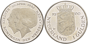 Нидерланды 1 гульден 1980 на коронацию Беатрикс, 30 апреля 1980 KM 200 никель 31-822