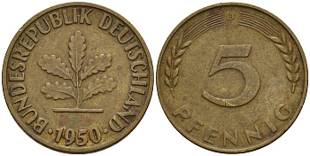 ФРГ 5 пфеннигов 1950 D J.382, KM 107 сталь плакированная латунью    4598-811