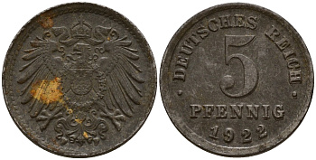 Германия 5 пфеннигов 1922 F KM 19, J. 297 железо плакированная цинком 4189-835
