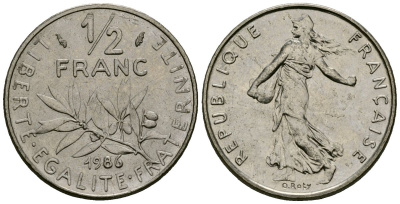 Франция 1/2 франка 1986 сеятель KM 931.1, Le Franc 198.25 никель 4138-243