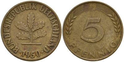 ФРГ 5 пфеннигов 1950 D J.382, KM 107 сталь плакированная латунью    4598-811