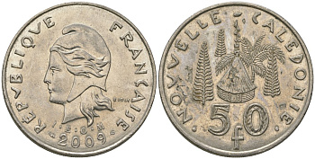 Французская Новая Каледония 50 франков 2009 хижина среди сосен и пальм, (IEOM) KM 13a, Schoen 15a, Lec 128i медно-никель 114-442