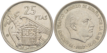ИСПАНИЯ 25 ПЕСЕТ 1957 (74) ФРАНСИСКО ФРАНКО ДИКТАТОР ИСПАНИИ ( 1939- 1975) KM 787 медно-никель 216-721