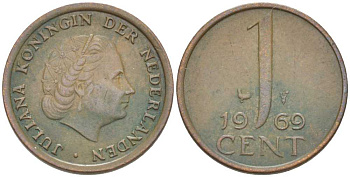 НИДЕРЛАНДЫ 1 ЦЕНТ 1969 ЮЛИАНА (1948-1980) KM 180 бронза 214-1043