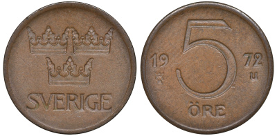 Швеция 5 эре 1972 Густав VI Адольф (1950-1973) KM 845 бронза 4609-1028
