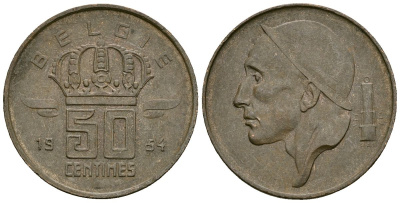 Бельгия 50 сантимов 1954 BELGIE KM 145 бронза 4164-1047