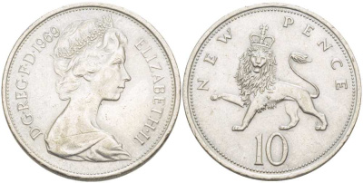 Великобритания 10 пенсов 1969 Елизавета II (1952-2022) KM 912, Spink 4231 (F1) медно-никель 215-814