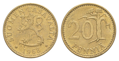 Финляндия 20 пенни 1968 KM 47 алюминиевая бронза 4648-413