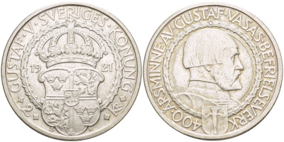 Швеция 2 кроны 1921 W, Густав V (1907-1950), 400 лет политических свобод KM 799 серебро UNC 1520-321