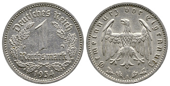 ГЕРМАНИЯ 1 РЕЙХСМАРКА 1934 А KM 78, J. 354 никель 4380-535