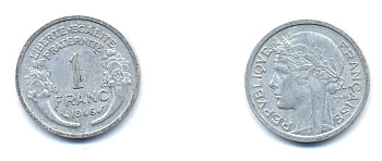 ФРАНЦИЯ 1 ФРАНК 1946 KM 885a.1 алюминий 4379-1352