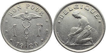 БЕЛЬГИЯ 1 ФРАНК 1929 BELGIQUE KM 89 никель 4393-846