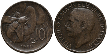 ИТАЛИЯ 10 ЧЕНТЕЗИМО 1931 R, ВИКТОР ИМАНУИЛ, ПЧЕЛА KM 60 медь 76-741