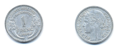 ФРАНЦИЯ 1 ФРАНК 1946 KM 885a.1 алюминий 4379-1352
