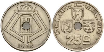 Бельгия 25 сантимов 1938 Belgique - Belgie KM 114 никель латунь 33-1146
