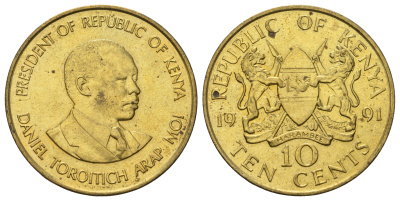 Кения 10 центов 1991 Дэниэл арап Мои KM 18 никель латунь UNC 4149-612