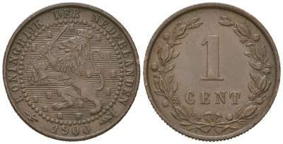 Нидерланды 1 цент 1900 Вильгельмина (1890-1948) KM 107 бронза 4154-733