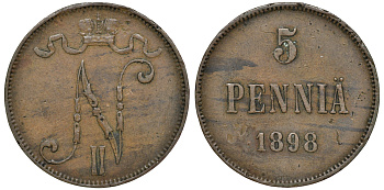Россия для Финляндии 5 пенни 1898 Николай II (1894-1917) KM 15, Биткин 443 медь 51-535