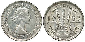 Австралия 3 пенса 1963 m, Елизавета II (1952-2022) KM 57 серебро 71-918