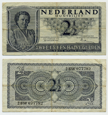 НИДЕРЛАНДЫ 2 1/2 ГУЛЬДЕНА 1945 Pick 71 бумага 444-102-3