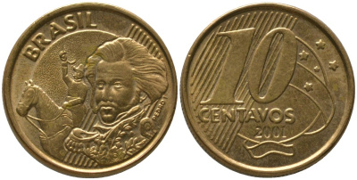 Бразилия 10 сентаво 2001 KM 649, Schon 157 сталь плакированная бронзой 4523-636
