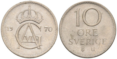 Швеция 10 эре 1970 Густав VI Адольф (1950-1973) KM 835 медно-никель UNC 4585-411
