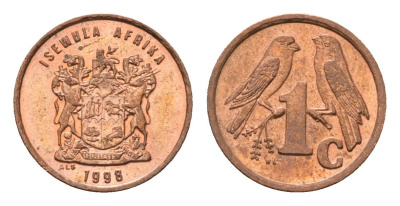 ЮАР 1 цент 1998 герб, капские воробьи KM 170 сталь плакированная медью UNC 4694-232