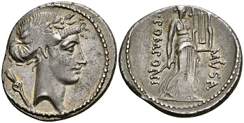 Римская Республика денарий 66 г. до н.э. монетарий КВ. Помпоний Муза. голова Аполлона / Терпсихора - муза танца ABOUT EXTREMELY FINE 4,03 ГР. Crawf. 410/7 d; Syd. 820 a серебро 00-814-95