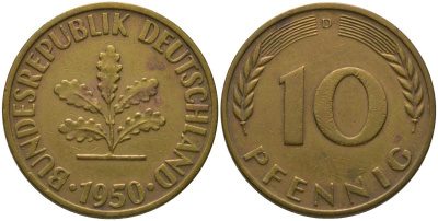 ФРГ 10 пфеннигов 1950 D KM 108 сталь плакированная латунью 4571-312