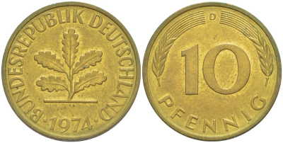 ФРГ 10 ПФЕННИГОВ 1974 D KM 108, J. 383 сталь плакированная латунью 219-454