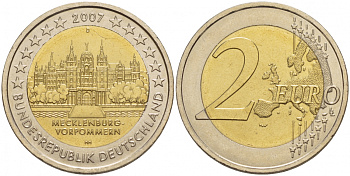 ФРГ 2 евро 2007 D, серия федеральные земли, Мекленбург-Передняя Померания, Шверинский замок KM 260 биметалл UNC 1094-6-63