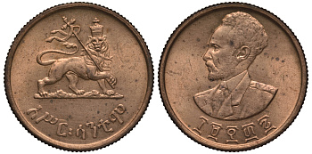 Эфиопия 10 центов 1943-1944 EE 1936, Хайле Селассие I, второе правление (1930-1936) KM 34 медь 5010-514