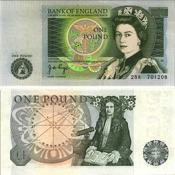 Англия 1 фунт ND (1978-1984) сэр Исаак Ньютон, зеленая подпись J.B. Page Pick 377 а  бумага аUNC 7214-39-2-2