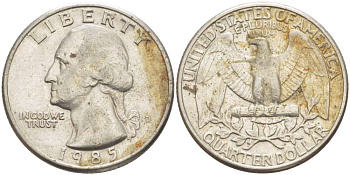 США 25 ЦЕНТОВ = КВОТЕР 1985 ВАШИНГТОН KM А164а медь плакированная медно-никелем 216-1055