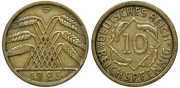 ГЕРМАНИЯ 10 РЕЙХСПФЕННИГОВ 1925 G KM 40, J.317 алюминиевая бронза 72-1551