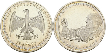 ФРГ 10 марок 1992 G, 125 лет со дня рождения Кете Кольвиц KM 178 серебро UNC 11-183-32