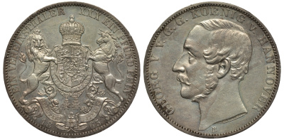 Брауншвейг-Каленберг-Ганновер 1 талер 1865 B, Георг V (1851-1866) KM 230, AKS 144, Dav. 682, Kahnt 239, Thun 174 серебро UNC 00-816-48