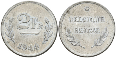Бельгия 2 франка 1944 KM 133 сталь плакированная никелем 4541-237