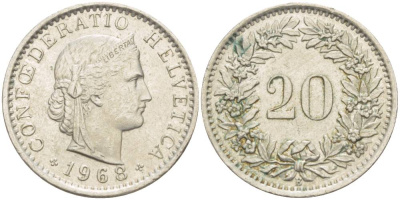 Швейцария 20 раппенов 1968 В KM 29а медно-никель 4511-944