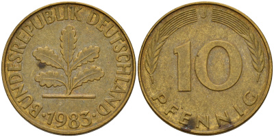 ФРГ 10 пфеннигов 1983 J J. 383, KM 108 сталь плакированная латунью    4603-527